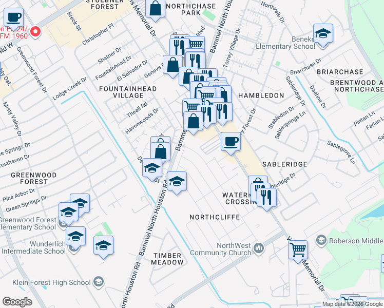 map of restaurants, bars, coffee shops, grocery stores, and more near 4411 Brookhead Trail in Houston