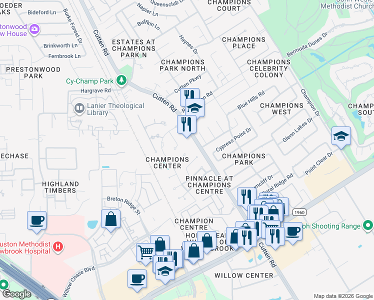 map of restaurants, bars, coffee shops, grocery stores, and more near 7007 Briton Centre Court in Houston