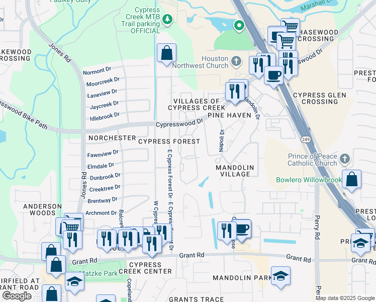 map of restaurants, bars, coffee shops, grocery stores, and more near 10325 Cypresswood Drive in Houston