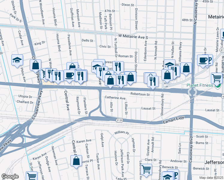 map of restaurants, bars, coffee shops, grocery stores, and more near 3813 Catherine Avenue in Metairie