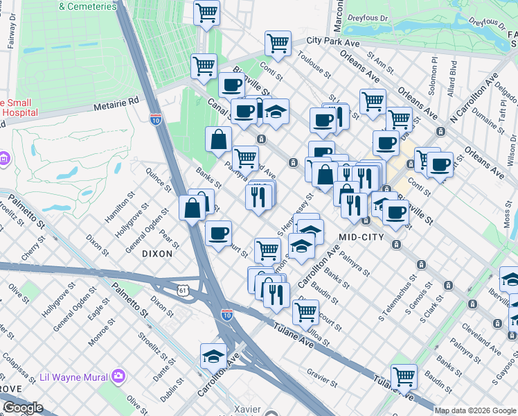map of restaurants, bars, coffee shops, grocery stores, and more near 4401 Banks Street in New Orleans