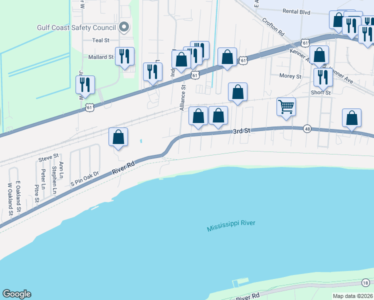 map of restaurants, bars, coffee shops, grocery stores, and more near 201 Curtis Avenue in Kenner