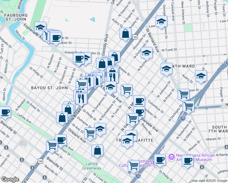 map of restaurants, bars, coffee shops, grocery stores, and more near in New Orleans