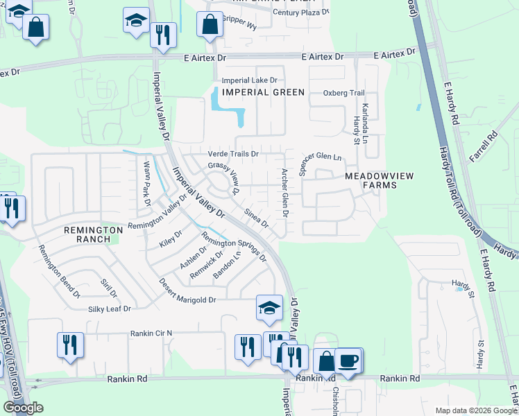 map of restaurants, bars, coffee shops, grocery stores, and more near 18961 Bobcat Patch Court in Houston