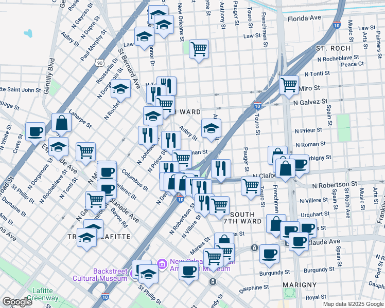 map of restaurants, bars, coffee shops, grocery stores, and more near 1714 New Orleans Street in New Orleans