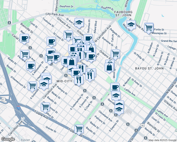 map of restaurants, bars, coffee shops, grocery stores, and more near 3745 Bienville Street in New Orleans