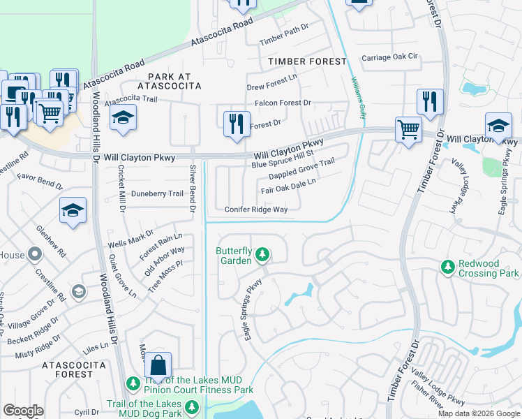 map of restaurants, bars, coffee shops, grocery stores, and more near 4830 Conifer Ridge Way in Atascocita