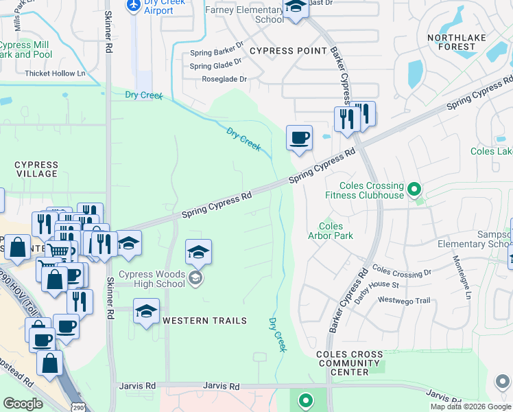 map of restaurants, bars, coffee shops, grocery stores, and more near 16502 Salt Grass Trail in Cypress