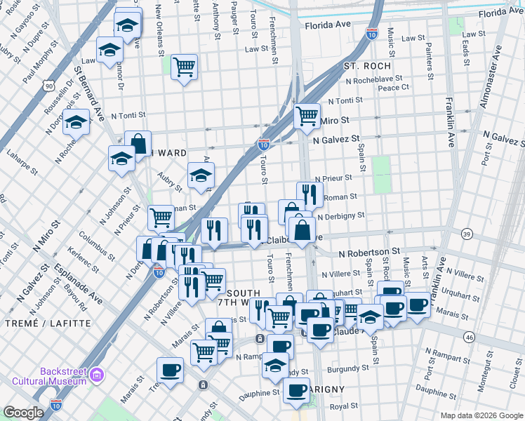 map of restaurants, bars, coffee shops, grocery stores, and more near 1702 Touro Street in New Orleans