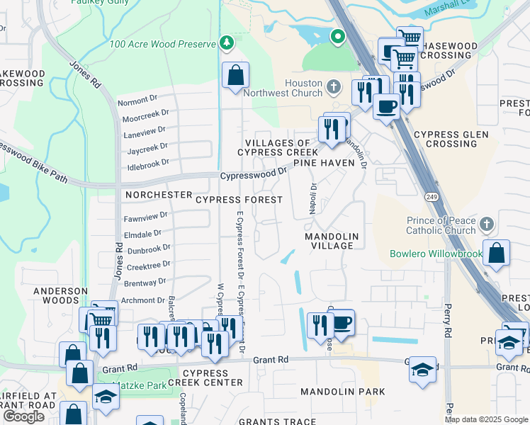map of restaurants, bars, coffee shops, grocery stores, and more near 10325 Cypresswood Drive in Houston