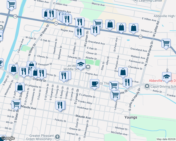 map of restaurants, bars, coffee shops, grocery stores, and more near 1105 Prairie Avenue in Abbeville