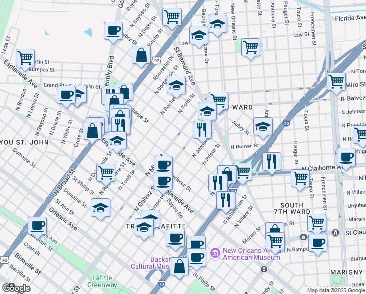 map of restaurants, bars, coffee shops, grocery stores, and more near 2021 Laharpe Street in New Orleans