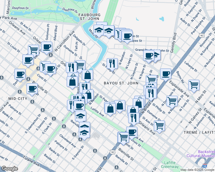 map of restaurants, bars, coffee shops, grocery stores, and more near 3100 Saint Ann Street in New Orleans