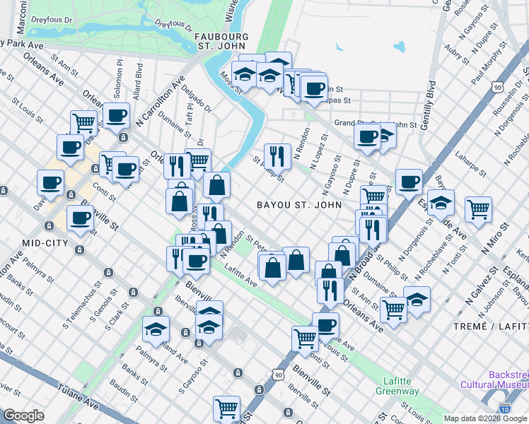 map of restaurants, bars, coffee shops, grocery stores, and more near 3100 Saint Ann Street in New Orleans
