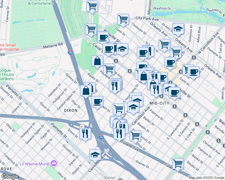 map of restaurants, bars, coffee shops, grocery stores, and more near 423 South Murat Street in New Orleans