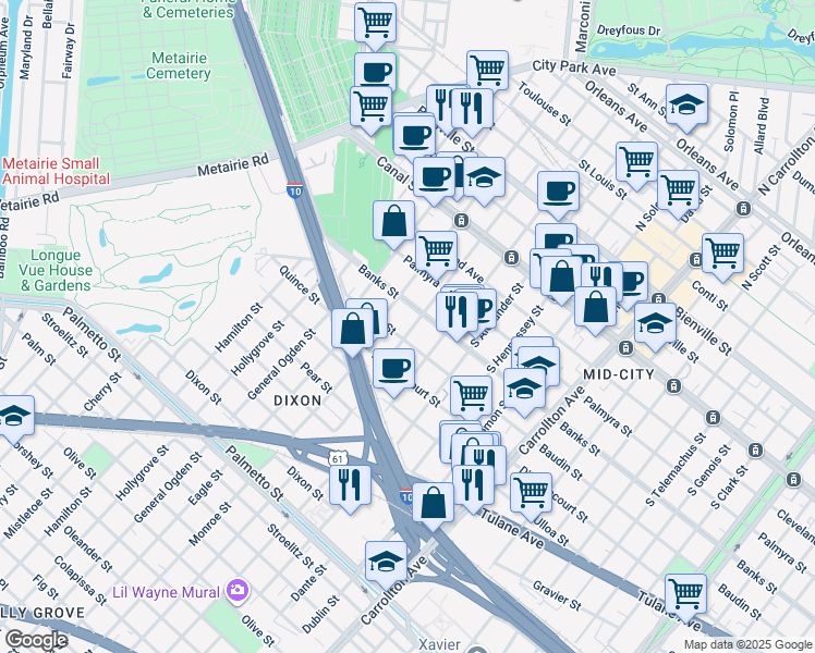 map of restaurants, bars, coffee shops, grocery stores, and more near 511 South Olympia Street in New Orleans