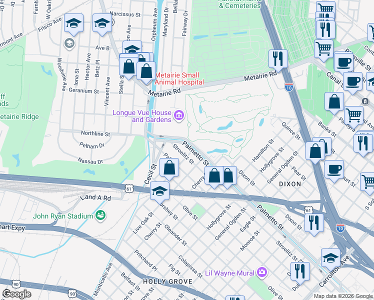 map of restaurants, bars, coffee shops, grocery stores, and more near 9417 Stroelitz Street in New Orleans