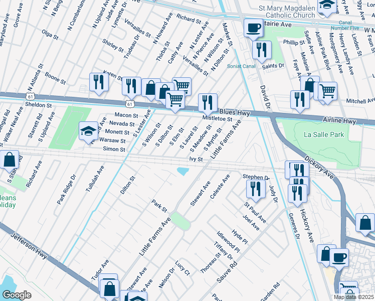 map of restaurants, bars, coffee shops, grocery stores, and more near 1305 South Meadow Street in Metairie