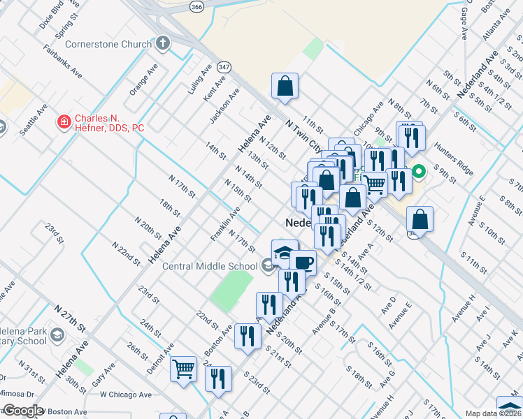 map of restaurants, bars, coffee shops, grocery stores, and more near 1523 Elgin Avenue in Nederland