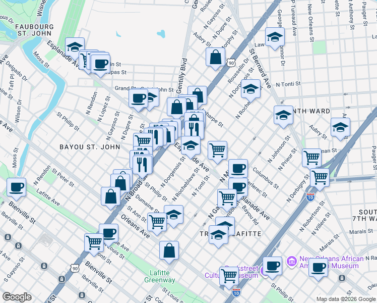 map of restaurants, bars, coffee shops, grocery stores, and more near Esplanade Ave & N Dorgenois St in New Orleans