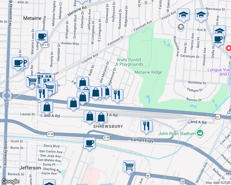 map of restaurants, bars, coffee shops, grocery stores, and more near 195 West Maple Ridge Drive in Metairie