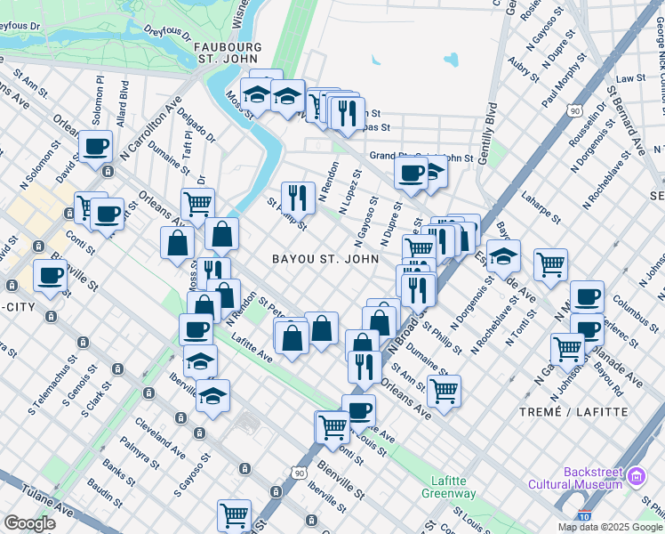 map of restaurants, bars, coffee shops, grocery stores, and more near 926 North Salcedo Street in New Orleans