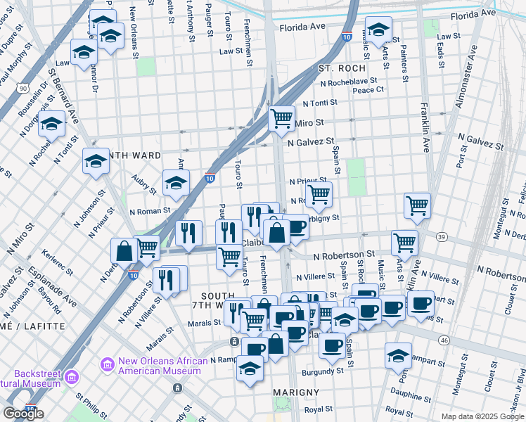 map of restaurants, bars, coffee shops, grocery stores, and more near 1725 Frenchmen Street in New Orleans