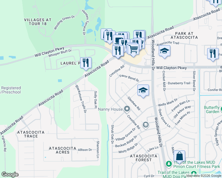 map of restaurants, bars, coffee shops, grocery stores, and more near 17526 Crestline Road in Humble