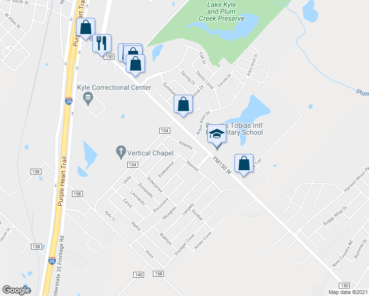 map of restaurants, bars, coffee shops, grocery stores, and more near 116 Endeavour in Kyle