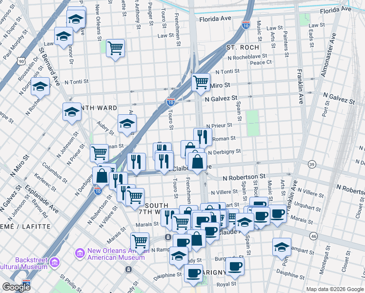 map of restaurants, bars, coffee shops, grocery stores, and more near 1641 Frenchmen Street in New Orleans