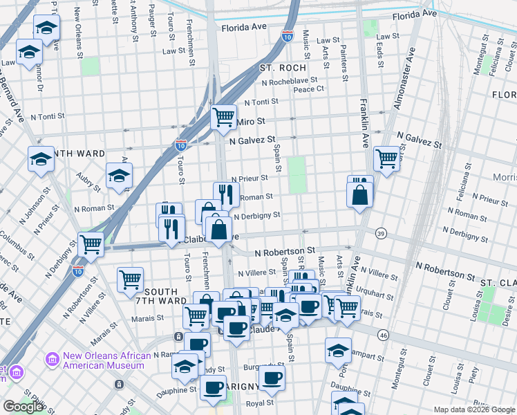 map of restaurants, bars, coffee shops, grocery stores, and more near 2250 North Derbigny Street in New Orleans