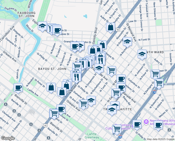 map of restaurants, bars, coffee shops, grocery stores, and more near 2602 Barracks Street in New Orleans