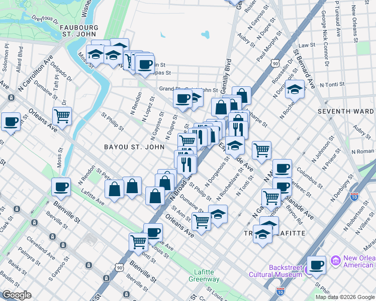 map of restaurants, bars, coffee shops, grocery stores, and more near 2734 Belle Chasse Street in New Orleans