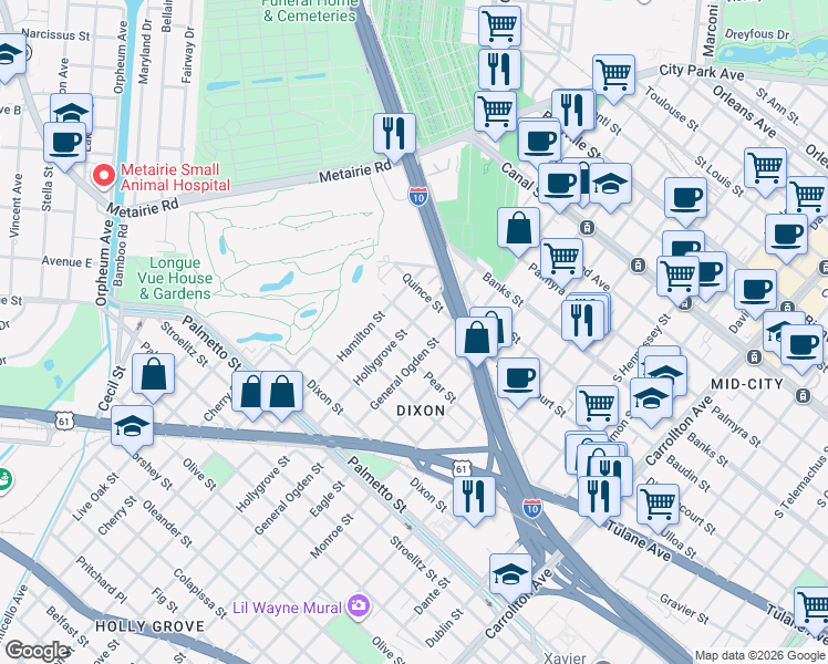 map of restaurants, bars, coffee shops, grocery stores, and more near 8921 Pear Street in New Orleans