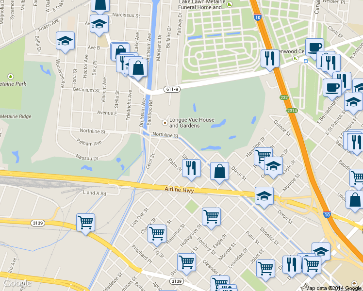 map of restaurants, bars, coffee shops, grocery stores, and more near 9417 Stroelitz Street in New Orleans