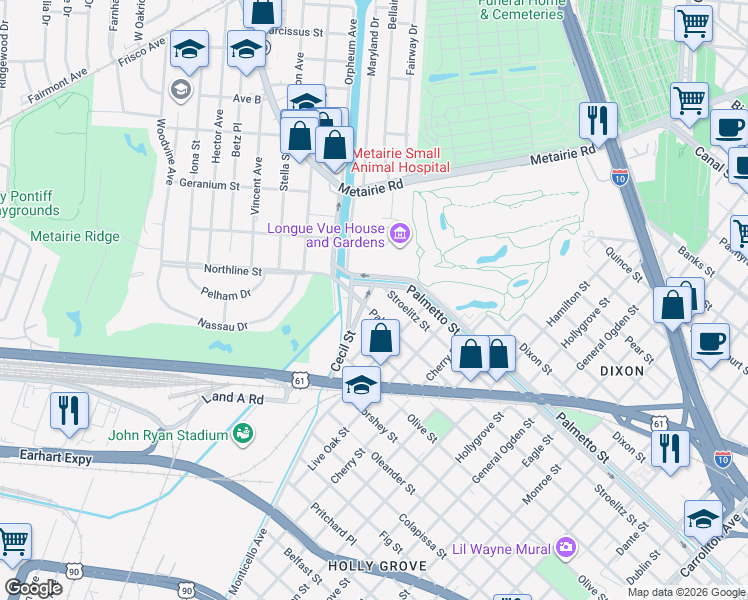 map of restaurants, bars, coffee shops, grocery stores, and more near 3519 Cecil Street in New Orleans