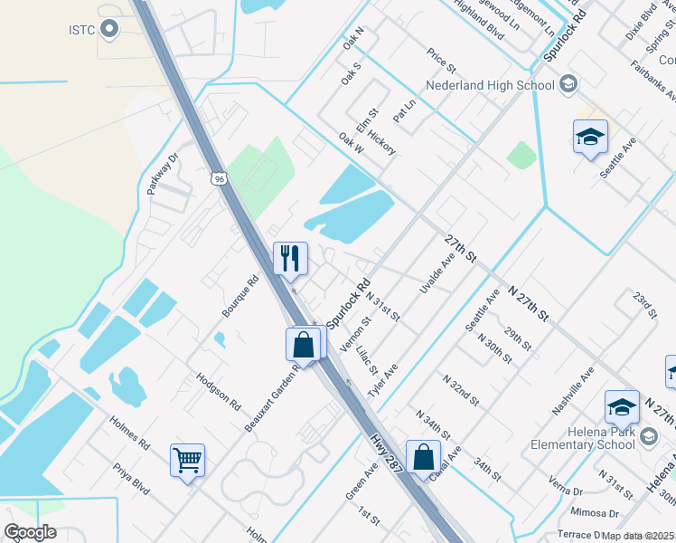 map of restaurants, bars, coffee shops, grocery stores, and more near 3250 Spurlock Road in Nederland