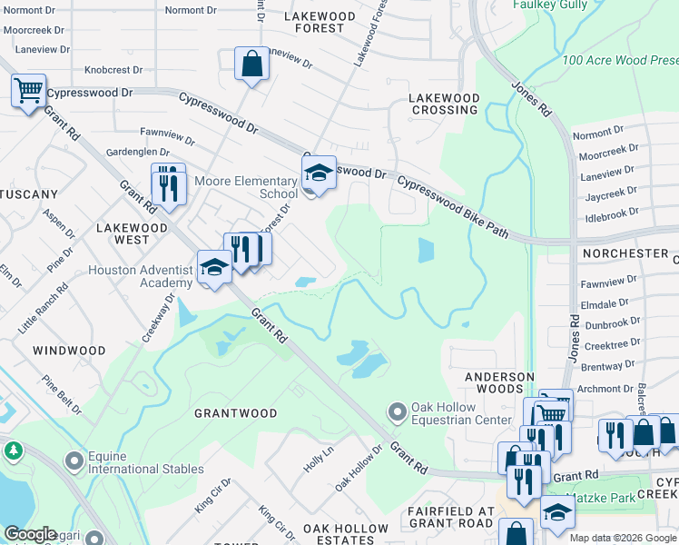 map of restaurants, bars, coffee shops, grocery stores, and more near 11406 Taos Lane in Houston