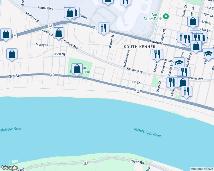 map of restaurants, bars, coffee shops, grocery stores, and more near 1037 Reverend Richard Wilson Drive in Kenner