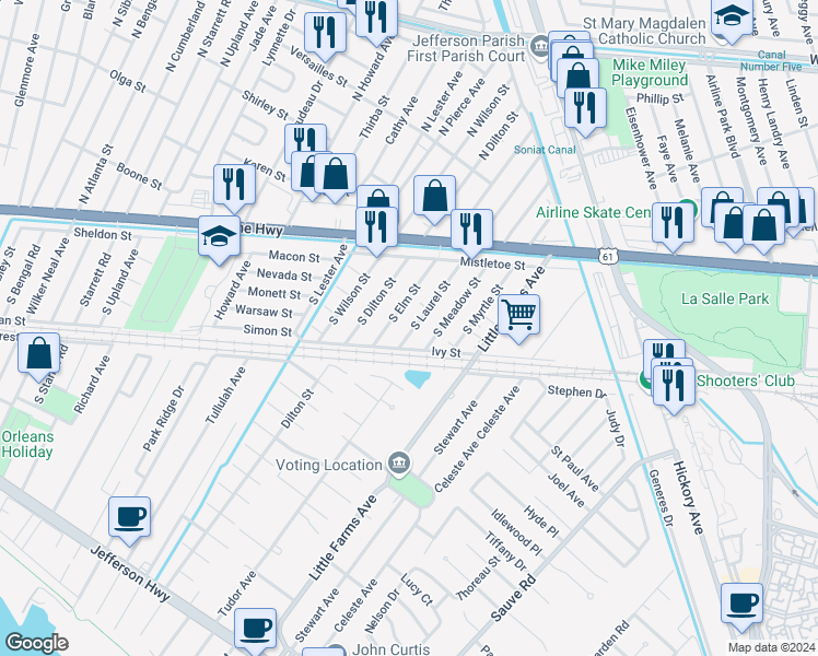 map of restaurants, bars, coffee shops, grocery stores, and more near 1340 South Laurel Street in Metairie