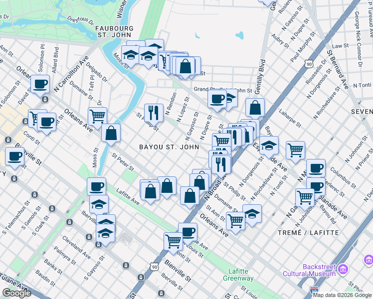 map of restaurants, bars, coffee shops, grocery stores, and more near 1018 North Salcedo Street in New Orleans