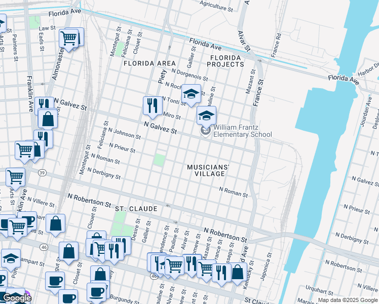 map of restaurants, bars, coffee shops, grocery stores, and more near 2036 Pauline Street in New Orleans