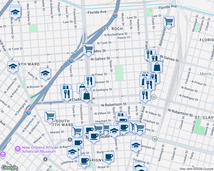 map of restaurants, bars, coffee shops, grocery stores, and more near 1806 Spain Street in New Orleans
