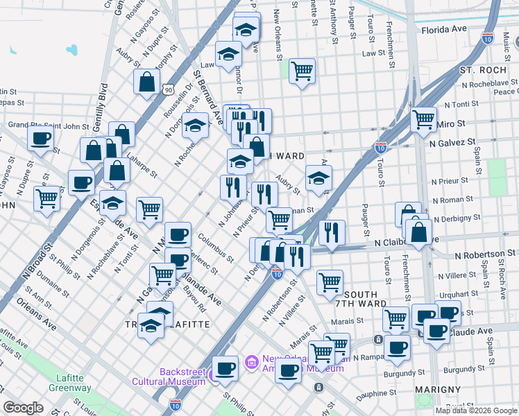 map of restaurants, bars, coffee shops, grocery stores, and more near 1920 Saint Bernard Avenue in New Orleans