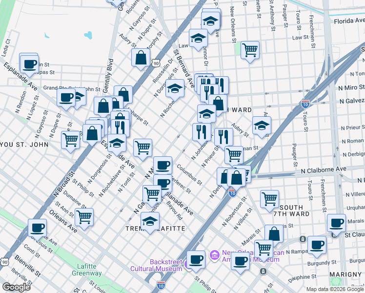 map of restaurants, bars, coffee shops, grocery stores, and more near 2123 Lapeyrouse Street in New Orleans