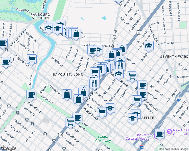 map of restaurants, bars, coffee shops, grocery stores, and more near 1120 North White Street in New Orleans