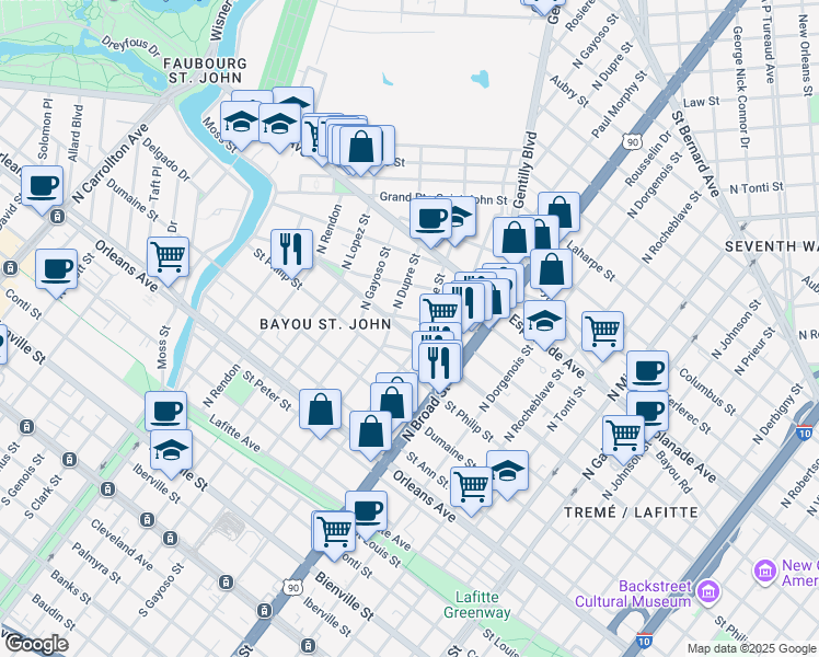 map of restaurants, bars, coffee shops, grocery stores, and more near 2901 Ursulines Avenue in New Orleans