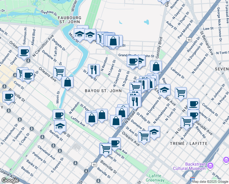 map of restaurants, bars, coffee shops, grocery stores, and more near 1018 North Salcedo Street in New Orleans