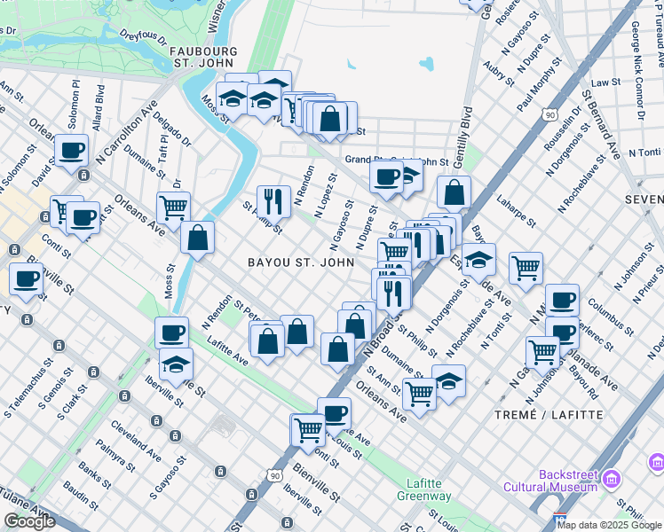 map of restaurants, bars, coffee shops, grocery stores, and more near 1018 North Salcedo Street in New Orleans