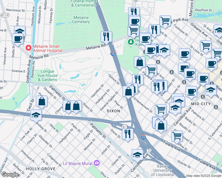 map of restaurants, bars, coffee shops, grocery stores, and more near 4301 Hamilton Street in New Orleans